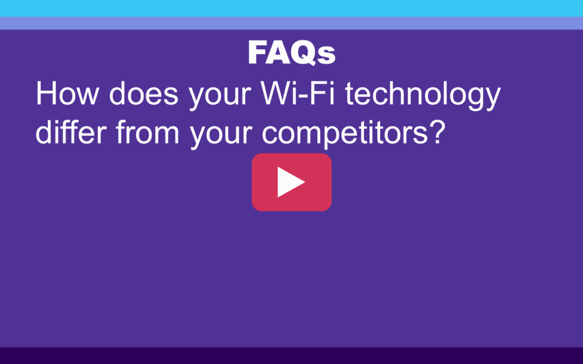Purple hero banner with the word 'FAQs' and the question 'How does your Wi‑Fi technology differ from your competitors?' centered above a red rounded play button.