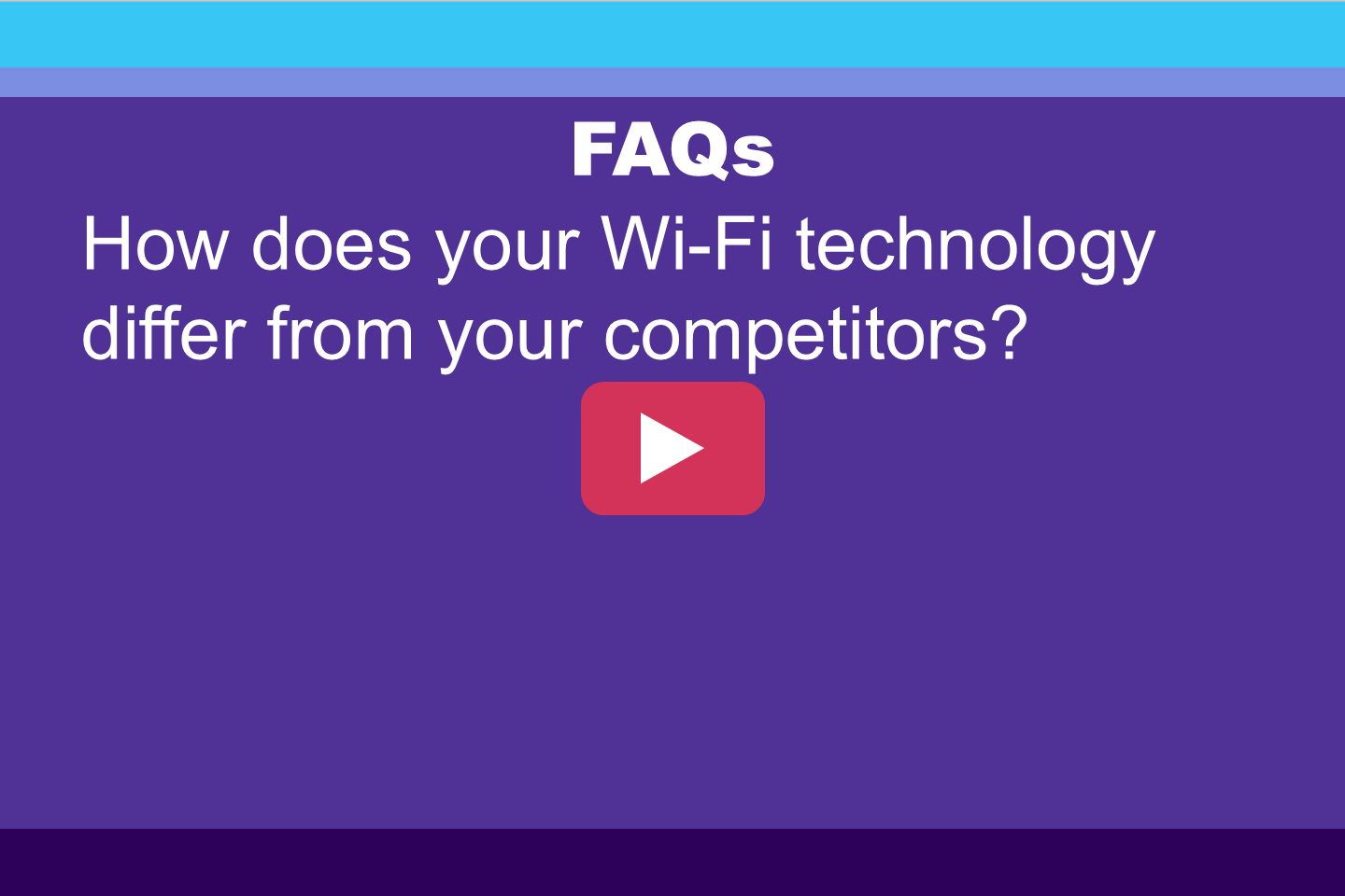 Purple hero banner with the word 'FAQs' and the question 'How does your Wi‑Fi technology differ from your competitors?' centered above a red rounded play button.