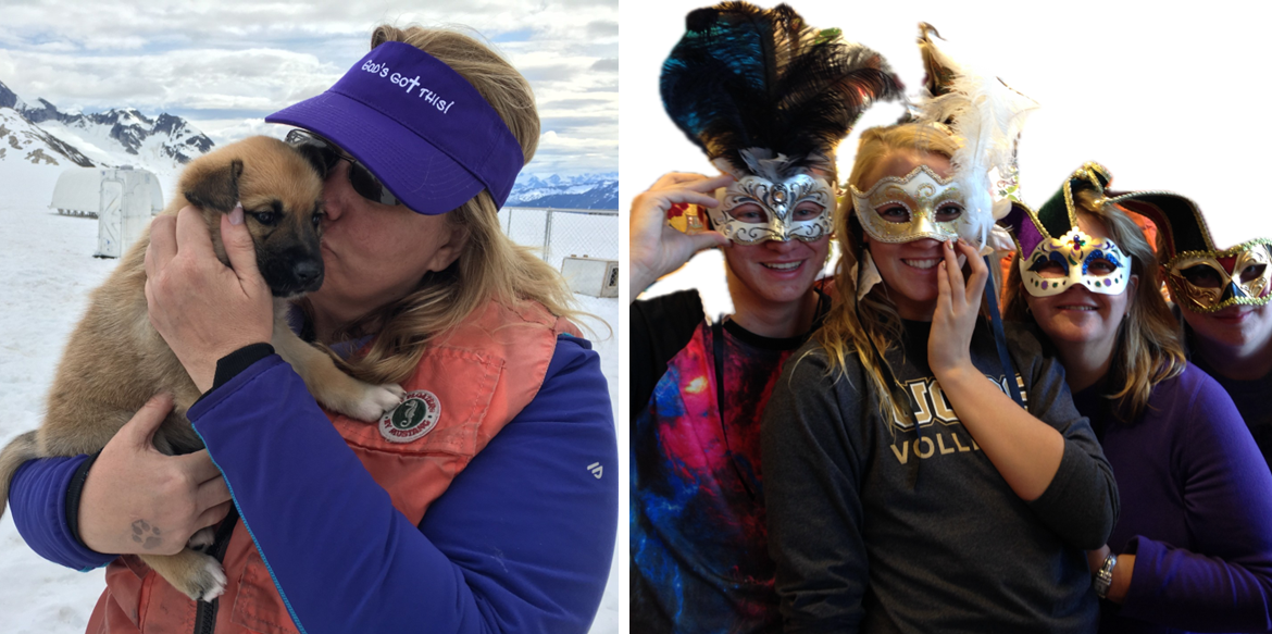 Carol – Connected Communities Left: a woman in a purple cap kissing a puppy in a snowy mountain setting. Right: friends wearing decorative masks at a masquerade-style party.