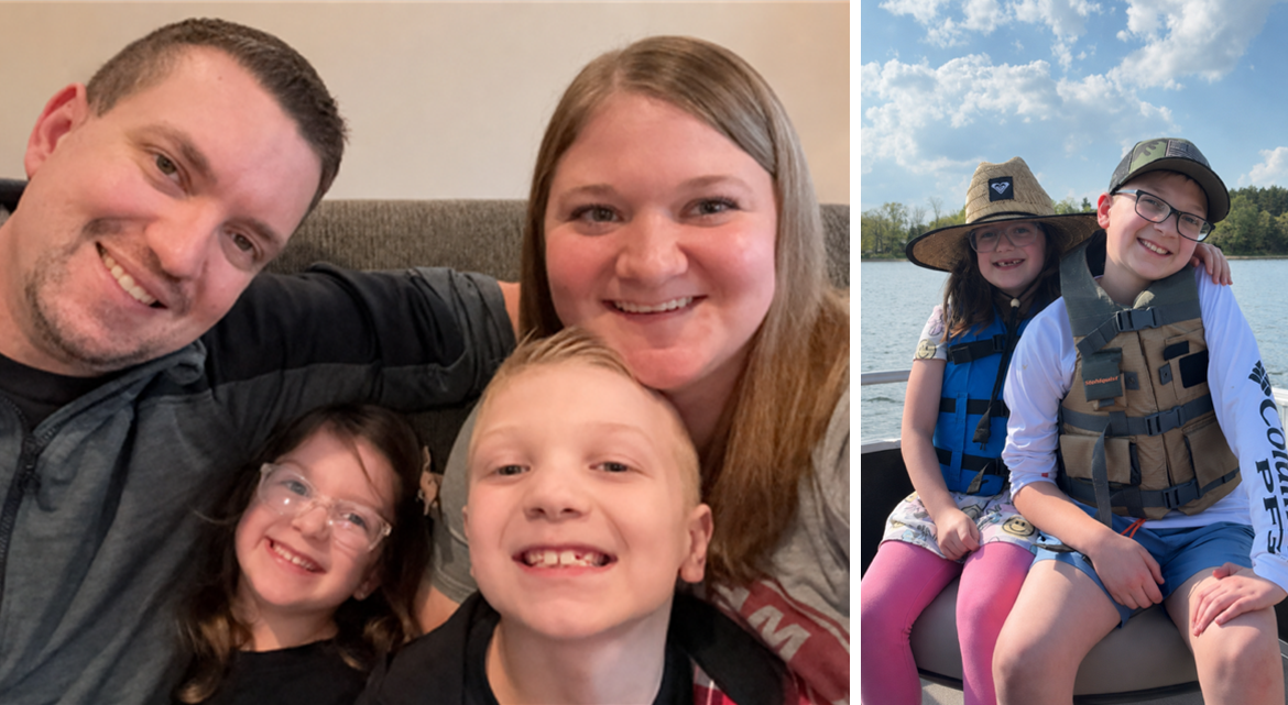 Jamie – Connected Communities Smiling family of four posing for a selfie on a couch: dad, mom, and two children close together.