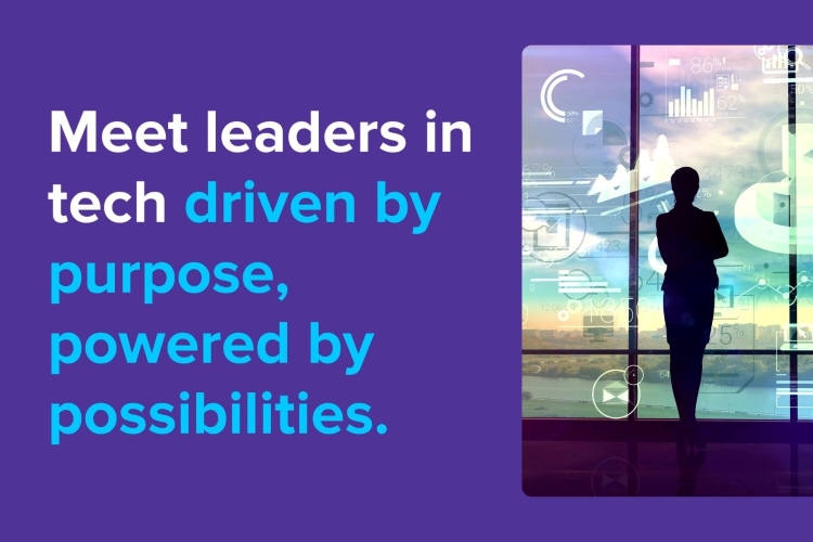 Hero section: purple background with the headline 'Meet leaders in tech driven by purpose, powered by possibilities' and a silhouette of a person standing by a window with futuristic data graphics on the right.